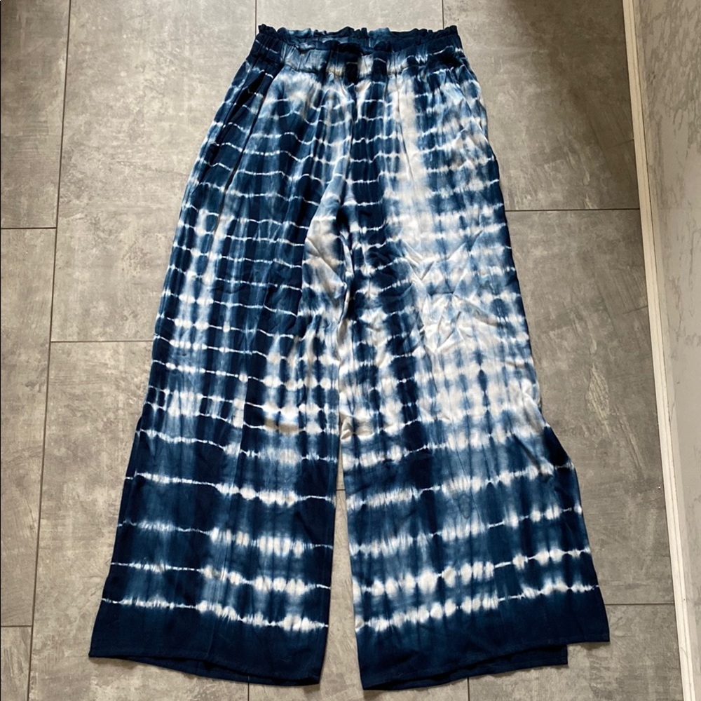 Blue and White Tie-Dye Wide-Leg Pants